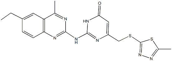 2-[(6-ethyl-4-methyl-2-quinazolinyl)amino]-6-{[(5-methyl-1,3,4-thiadiazol-2-yl)thio]methyl}-4(3H)-pyrimidinone Struktur