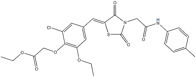 ethyl [2-chloro-4-({2,4-dioxo-3-[2-oxo-2-(4-toluidino)ethyl]-1,3-thiazolidin-5-ylidene}methyl)-6-ethoxyphenoxy]acetate Struktur