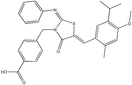 4-{[5-(5-isopropyl-4-methoxy-2-methylbenzylidene)-4-oxo-2-(phenylimino)-1,3-thiazolidin-3-yl]methyl}benzoic acid Struktur