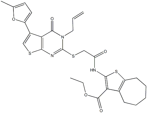 ethyl 2-[({[3-allyl-5-(5-methyl-2-furyl)-4-oxo-3,4-dihydrothieno[2,3-d]pyrimidin-2-yl]sulfanyl}acetyl)amino]-5,6,7,8-tetrahydro-4H-cyclohepta[b]thiophene-3-carboxylate Struktur