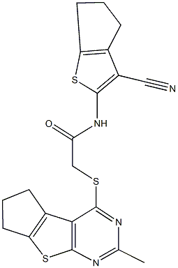 N-(3-cyano-5,6-dihydro-4H-cyclopenta[b]thien-2-yl)-2-[(2-methyl-6,7-dihydro-5H-cyclopenta[4,5]thieno[2,3-d]pyrimidin-4-yl)sulfanyl]acetamide Struktur