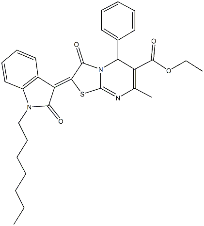 ethyl 2-(1-heptyl-2-oxo-1,2-dihydro-3H-indol-3-ylidene)-7-methyl-3-oxo-5-phenyl-2,3-dihydro-5H-[1,3]thiazolo[3,2-a]pyrimidine-6-carboxylate Struktur