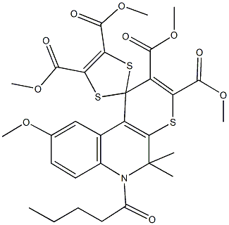 tetramethyl 9'-methoxy-5',5'-dimethyl-6'-pentanoyl-5',6'-dihydrospiro(1,3-dithiole-2,1'-[1'H]-thiopyrano[2,3-c]quinoline)-2',3',4,5-tetracarboxylate Struktur