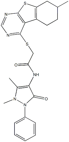 N-(1,5-dimethyl-3-oxo-2-phenyl-2,3-dihydro-1H-pyrazol-4-yl)-2-[(7-methyl-5,6,7,8-tetrahydro[1]benzothieno[2,3-d]pyrimidin-4-yl)sulfanyl]acetamide Struktur