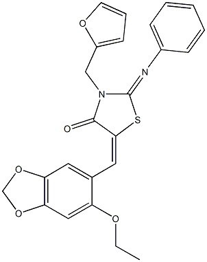 5-[(6-ethoxy-1,3-benzodioxol-5-yl)methylene]-3-(2-furylmethyl)-2-(phenylimino)-1,3-thiazolidin-4-one Struktur