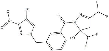 1-[3-({4-bromo-3-nitro-1H-pyrazol-1-yl}methyl)benzoyl]-3,5-bis(difluoromethyl)-4,5-dihydro-1H-pyrazol-5-ol Struktur