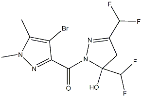 1-[(4-bromo-1,5-dimethyl-1H-pyrazol-3-yl)carbonyl]-3,5-bis(difluoromethyl)-4,5-dihydro-1H-pyrazol-5-ol Struktur