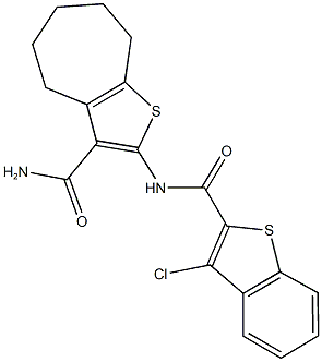 2-{[(3-chloro-1-benzothien-2-yl)carbonyl]amino}-5,6,7,8-tetrahydro-4H-cyclohepta[b]thiophene-3-carboxamide Struktur