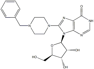 8-(4-benzyl-1-piperazinyl)-9-[3,4-dihydroxy-5-(hydroxymethyl)tetrahydro-2-furanyl]-1,9-dihydro-6H-purin-6-one Struktur