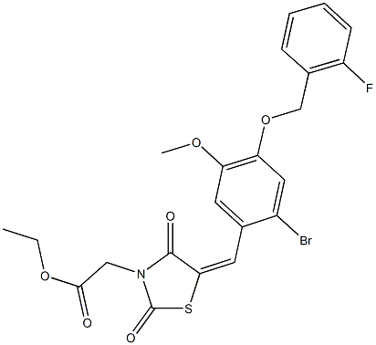 ethyl (5-{2-bromo-4-[(2-fluorobenzyl)oxy]-5-methoxybenzylidene}-2,4-dioxo-1,3-thiazolidin-3-yl)acetate Struktur