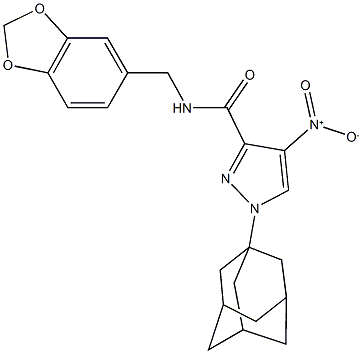 1-(1-adamantyl)-N-(1,3-benzodioxol-5-ylmethyl)-4-nitro-1H-pyrazole-3-carboxamide Struktur