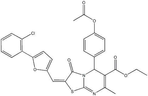 ethyl 5-[4-(acetyloxy)phenyl]-2-{[5-(2-chlorophenyl)-2-furyl]methylene}-7-methyl-3-oxo-2,3-dihydro-5H-[1,3]thiazolo[3,2-a]pyrimidine-6-carboxylate Struktur