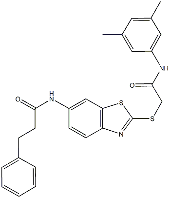 N-(2-{[2-(3,5-dimethylanilino)-2-oxoethyl]sulfanyl}-1,3-benzothiazol-6-yl)-3-phenylpropanamide Struktur