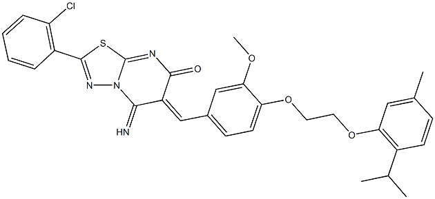 2-(2-chlorophenyl)-5-imino-6-{4-[2-(2-isopropyl-5-methylphenoxy)ethoxy]-3-methoxybenzylidene}-5,6-dihydro-7H-[1,3,4]thiadiazolo[3,2-a]pyrimidin-7-one Struktur