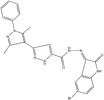 N'-(5-bromo-2-oxo-1,2-dihydro-3H-indol-3-ylidene)-3',5'-dimethyl-1'-phenyl-3,4'-bis(1H-pyrazole)-5-carbohydrazide Struktur