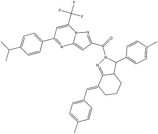 5-(4-isopropylphenyl)-2-{[7-(4-methylbenzylidene)-3-(4-methylphenyl)-3,3a,4,5,6,7-hexahydro-2H-indazol-2-yl]carbonyl}-7-(trifluoromethyl)pyrazolo[1,5-a]pyrimidine Struktur