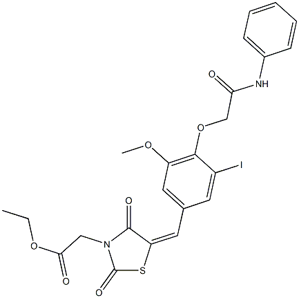 ethyl {5-[4-(2-anilino-2-oxoethoxy)-3-iodo-5-methoxybenzylidene]-2,4-dioxo-1,3-thiazolidin-3-yl}acetate Struktur