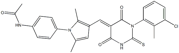 N-(4-{3-[(1-(3-chloro-2-methylphenyl)-4,6-dioxo-2-thioxotetrahydro-5(2H)-pyrimidinylidene)methyl]-2,5-dimethyl-1H-pyrrol-1-yl}phenyl)acetamide Struktur