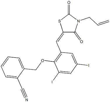 2-({2-[(3-allyl-2,4-dioxo-1,3-thiazolidin-5-ylidene)methyl]-4,6-diiodophenoxy}methyl)benzonitrile Struktur