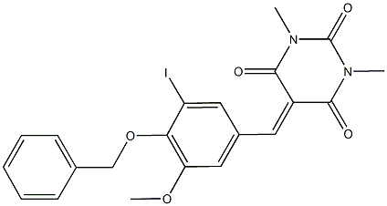 5-[4-(benzyloxy)-3-iodo-5-methoxybenzylidene]-1,3-dimethyl-2,4,6(1H,3H,5H)-pyrimidinetrione Struktur