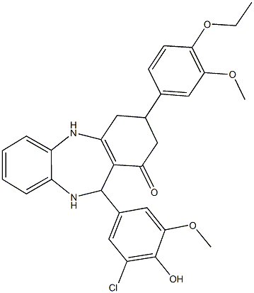 11-(3-chloro-4-hydroxy-5-methoxyphenyl)-3-(4-ethoxy-3-methoxyphenyl)-2,3,4,5,10,11-hexahydro-1H-dibenzo[b,e][1,4]diazepin-1-one Struktur