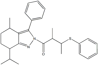 3-(7-isopropyl-4-methyl-3-phenyl-4,5,6,7-tetrahydro-2H-indazol-2-yl)-1,2-dimethyl-3-oxopropyl phenyl sulfide Struktur