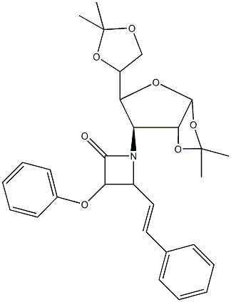 1-[5-(2,2-dimethyl-1,3-dioxolan-4-yl)-2,2-dimethyltetrahydrofuro[2,3-d][1,3]dioxol-6-yl]-3-phenoxy-4-(2-phenylvinyl)-2-azetidinone Struktur