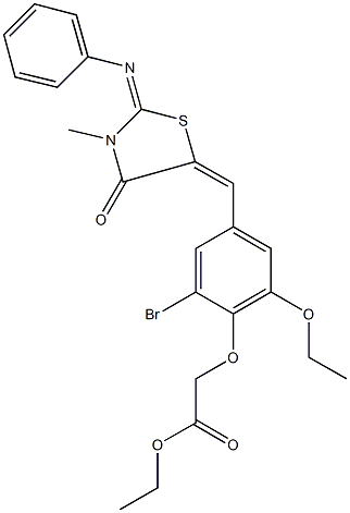 ethyl (2-bromo-6-ethoxy-4-{[3-methyl-4-oxo-2-(phenylimino)-1,3-thiazolidin-5-ylidene]methyl}phenoxy)acetate Struktur