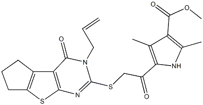 methyl 5-{[(3-allyl-4-oxo-3,5,6,7-tetrahydro-4H-cyclopenta[4,5]thieno[2,3-d]pyrimidin-2-yl)sulfanyl]acetyl}-2,4-dimethyl-1H-pyrrole-3-carboxylate Struktur