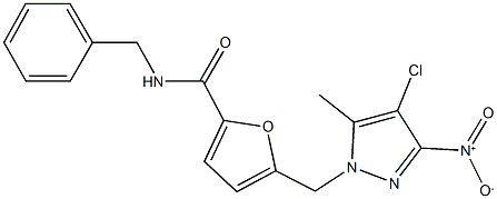 N-benzyl-5-({4-chloro-3-nitro-5-methyl-1H-pyrazol-1-yl}methyl)-2-furamide Struktur