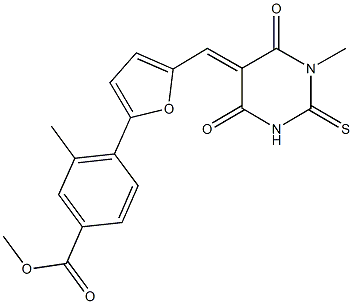 methyl 3-methyl-4-{5-[(1-methyl-4,6-dioxo-2-thioxotetrahydro-5(2H)-pyrimidinylidene)methyl]-2-furyl}benzoate Struktur