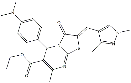 ethyl 5-[4-(dimethylamino)phenyl]-2-[(1,3-dimethyl-1H-pyrazol-4-yl)methylene]-7-methyl-3-oxo-2,3-dihydro-5H-[1,3]thiazolo[3,2-a]pyrimidine-6-carboxylate Struktur