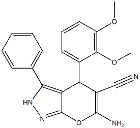 6-amino-4-[2,3-bis(methyloxy)phenyl]-3-phenyl-2,4-dihydropyrano[2,3-c]pyrazole-5-carbonitrile Struktur