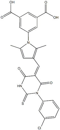 5-{3-[(1-(3-chlorophenyl)-4,6-dioxo-2-thioxotetrahydro-5(2H)-pyrimidinylidene)methyl]-2,5-dimethyl-1H-pyrrol-1-yl}isophthalic acid Struktur