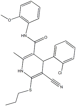 4-(2-chlorophenyl)-5-cyano-N-(2-methoxyphenyl)-2-methyl-6-(propylsulfanyl)-1,4-dihydro-3-pyridinecarboxamide Struktur