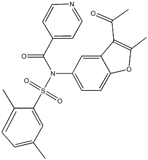 N-(3-acetyl-2-methyl-1-benzofuran-5-yl)-N-isonicotinoyl-2,5-dimethylbenzenesulfonamide Struktur