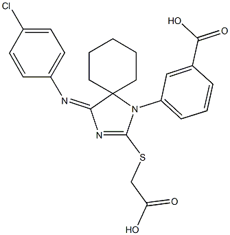 3-{2-[(carboxymethyl)sulfanyl]-4-[(4-chlorophenyl)imino]-1,3-diazaspiro[4.5]dec-2-en-1-yl}benzoic acid Struktur