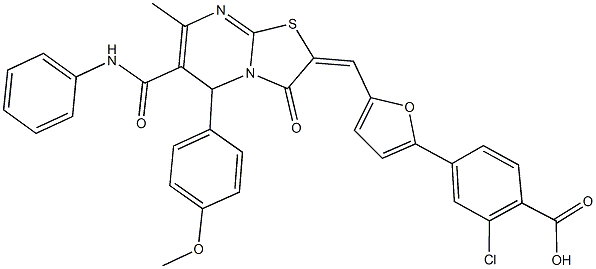 4-{5-[(6-(anilinocarbonyl)-5-(4-methoxyphenyl)-7-methyl-3-oxo-5H-[1,3]thiazolo[3,2-a]pyrimidin-2(3H)-ylidene)methyl]-2-furyl}-2-chlorobenzoic acid Struktur