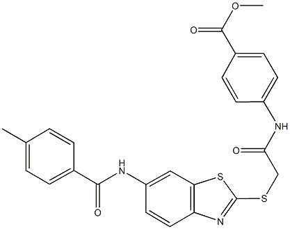 methyl 4-{[({6-[(4-methylbenzoyl)amino]-1,3-benzothiazol-2-yl}sulfanyl)acetyl]amino}benzoate Struktur