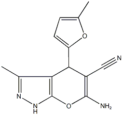 6-amino-3-methyl-4-(5-methyl-2-furyl)-1,4-dihydropyrano[2,3-c]pyrazole-5-carbonitrile Struktur