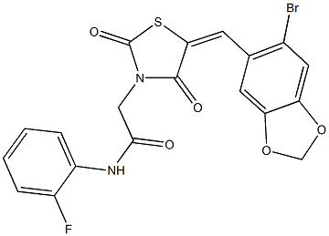 2-{5-[(6-bromo-1,3-benzodioxol-5-yl)methylene]-2,4-dioxo-1,3-thiazolidin-3-yl}-N-(2-fluorophenyl)acetamide Struktur