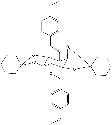 4,8-bis[(4-methoxybenzyl)oxy]-3a,4,4a,7a,8,8a-hexahydro-dispiro(cyclohexane-1,2'-[1,3]dioxolo[4,5-f][1,3]benzodioxole-6,1''-cyclohexane) Struktur