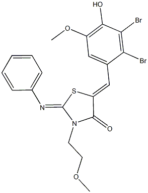 5-(2,3-dibromo-4-hydroxy-5-methoxybenzylidene)-3-(2-methoxyethyl)-2-(phenylimino)-1,3-thiazolidin-4-one Struktur