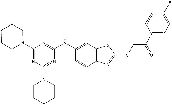 2-[(6-{[4,6-di(1-piperidinyl)-1,3,5-triazin-2-yl]amino}-1,3-benzothiazol-2-yl)sulfanyl]-1-(4-fluorophenyl)ethanone Struktur