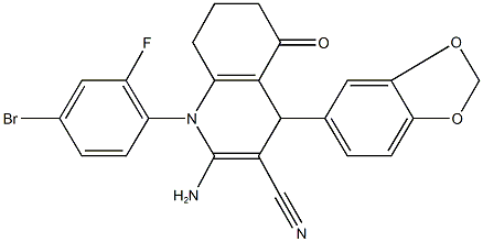 2-amino-4-(1,3-benzodioxol-5-yl)-1-(4-bromo-2-fluorophenyl)-5-oxo-1,4,5,6,7,8-hexahydro-3-quinolinecarbonitrile Struktur