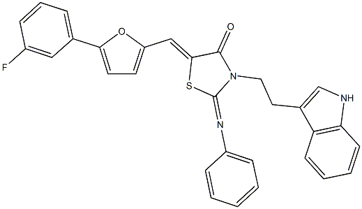 5-{[5-(3-fluorophenyl)-2-furyl]methylene}-3-[2-(1H-indol-3-yl)ethyl]-2-(phenylimino)-1,3-thiazolidin-4-one Struktur