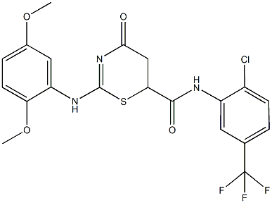 N-[2-chloro-5-(trifluoromethyl)phenyl]-2-(2,5-dimethoxyanilino)-4-oxo-5,6-dihydro-4H-1,3-thiazine-6-carboxamide Struktur