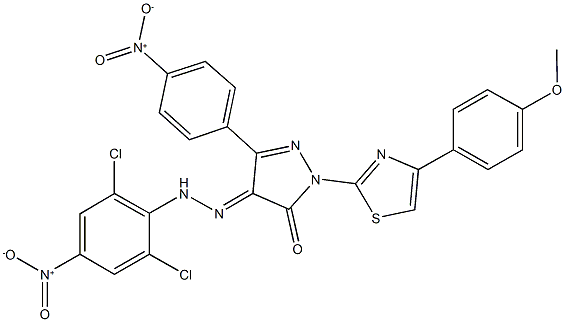 3-{4-nitrophenyl}-1-[4-(4-methoxyphenyl)-1,3-thiazol-2-yl]-1H-pyrazole-4,5-dione 4-({2,6-dichloro-4-nitrophenyl}hydrazone) Struktur