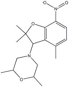 2,6-dimethyl-4-(2,2,4-trimethyl-7-nitro-2,3-dihydro-1-benzofuran-3-yl)morpholine Struktur