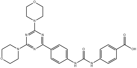 4-[({4-[bis(morpholin-4-yl)-1,3,5-triazin-2-yl]phenyl}carbamoyl)amino]benzoic acid Struktur